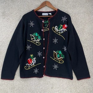 VTG BP Designs Christmas Sweater Cardigan Granny Core Beaded Faux Fur M Sleighs - Picture 1 of 6