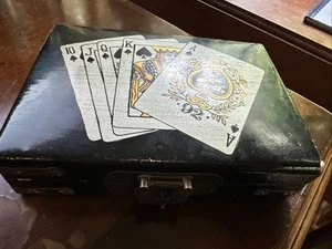Antique Vintage Card Box Black Lacquer Wood Playing Card Ace Queen King Hinged - Picture 1 of 6