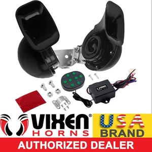 VIXEN HORNS LOUD 8 SOUNDS DUAL SNAIL ELECTRIC HORN CAR/TRUCK 12V TELOLET BLACK - Foto 1 di 9