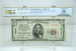 1929 $5 Type-2 Bank of America NT&SA San Francisco CA valuta PCGS 20 #3420 - Foto 1 di 2