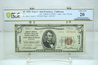 1929 $5 Type-2 Bank of America NT&SA San Francisco CA Currency PCGS 20 #3420 - Image 1 of 2