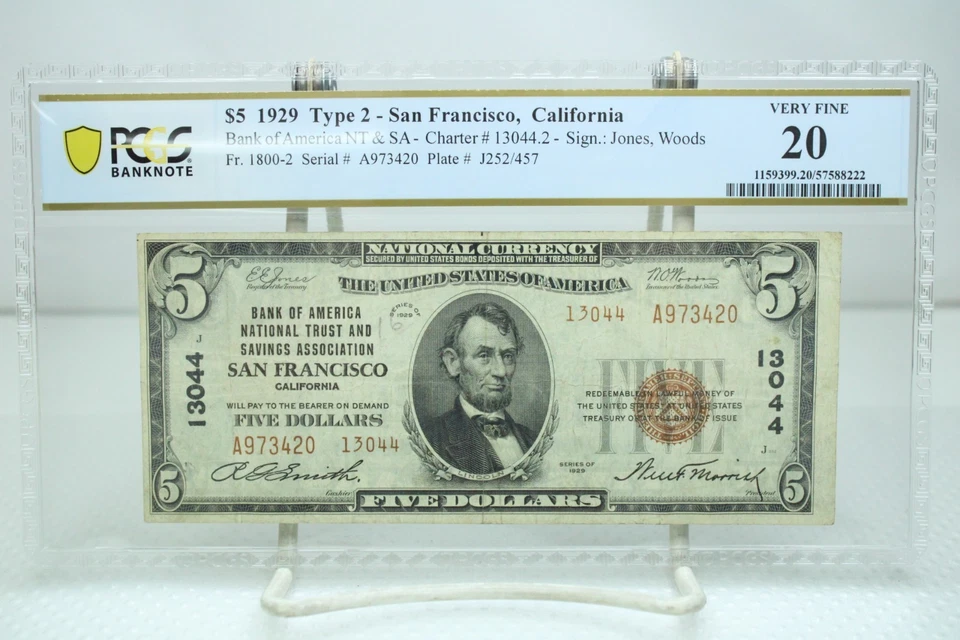 1929 $5 Type-2 Bank of America NT&SA San Francisco CA Currency PCGS 20 #3420 - Image 1 of 2