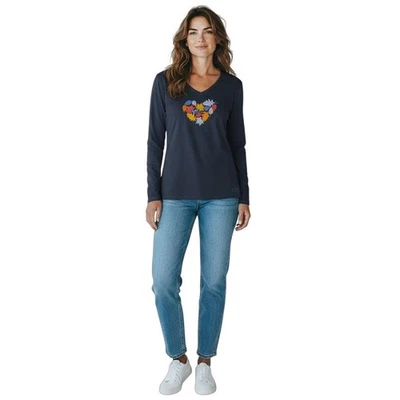 Life is Good 女式长袖 V 领心叶印花破碎 T 恤大号蓝色 — 第 1/4 张图片