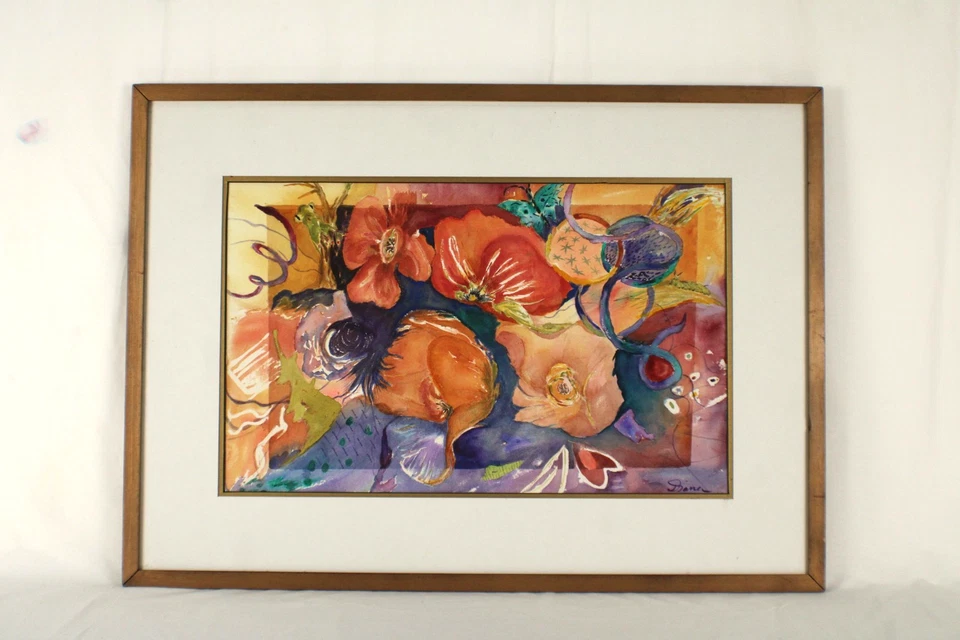 Mid Century Colorful Vibrant Floral Abstract  Watercolor Painting  Signed Diana - Image 1 of 4
