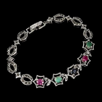 925 Sterling Silver Bracelet Oval Ruby Emerald Sapphire Natural Gemstone Jewelry - Image 1 of 4