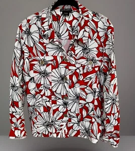 Nu Influence Womens Button Up Long Sleeve Denim Jacket Red/White Floral Sz Large - Picture 1 of 19