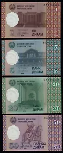 TAJIKISTAN 1, 5, 20, 50 DIRAMS (P10, 11, 12, 13) 1999 SET OF 4 NOTES UNC - Picture 1 of 1