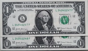 USA 2017 Series 2 pcs Running Number $1 Note L 34940247 - 34940248 F - Picture 1 of 2
