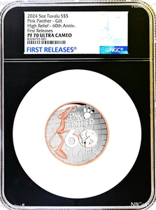 2024 HIGH RELIEF 5oz Silver Gilt by Pink Gold Pink Panther $8 Coin NGC PF70 FR - Picture 1 of 5