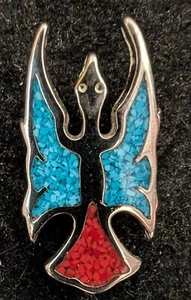 Vintage Turq. & Coral Chip Thunderbird Nickle Silver Ring Size 6.5 Resin Filled - Picture 1 of 4