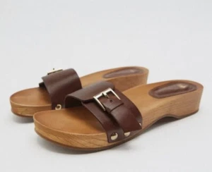 Zara Women’s Platform Sandals  With Buckle leather strap brown faux Wood Size 8 - Picture 1 of 3