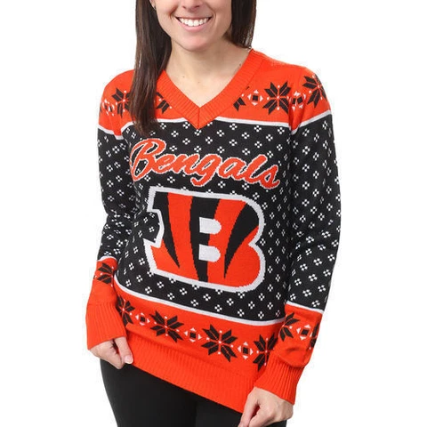 Cincinnati Bengals Women's Orange Big Logo V-Neck UGLY Christmas Sweater NEW Cover