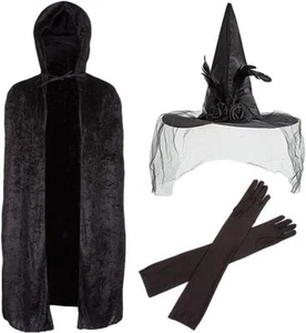 Mujer 3pc Disfraz de Bruja Halloween Terciopelo Negro Capa Sombrero Y Guantes - Imagen 1 de 6