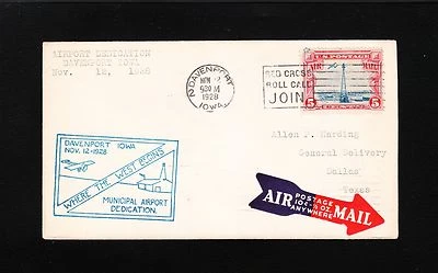 Airport Dedication Davenport Iowa Blue Cachet 1928 Tied Etiquette Scott C11 1s - Image 1 of 3