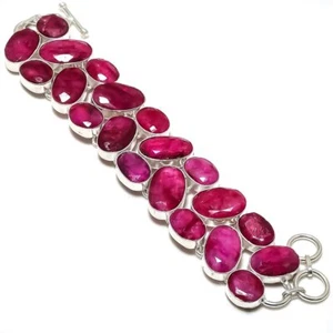 Ruby(Simulated) Gemstone Handmade 925 Sterling Silver Jewelry Bracelet 7-8" - Picture 1 of 1