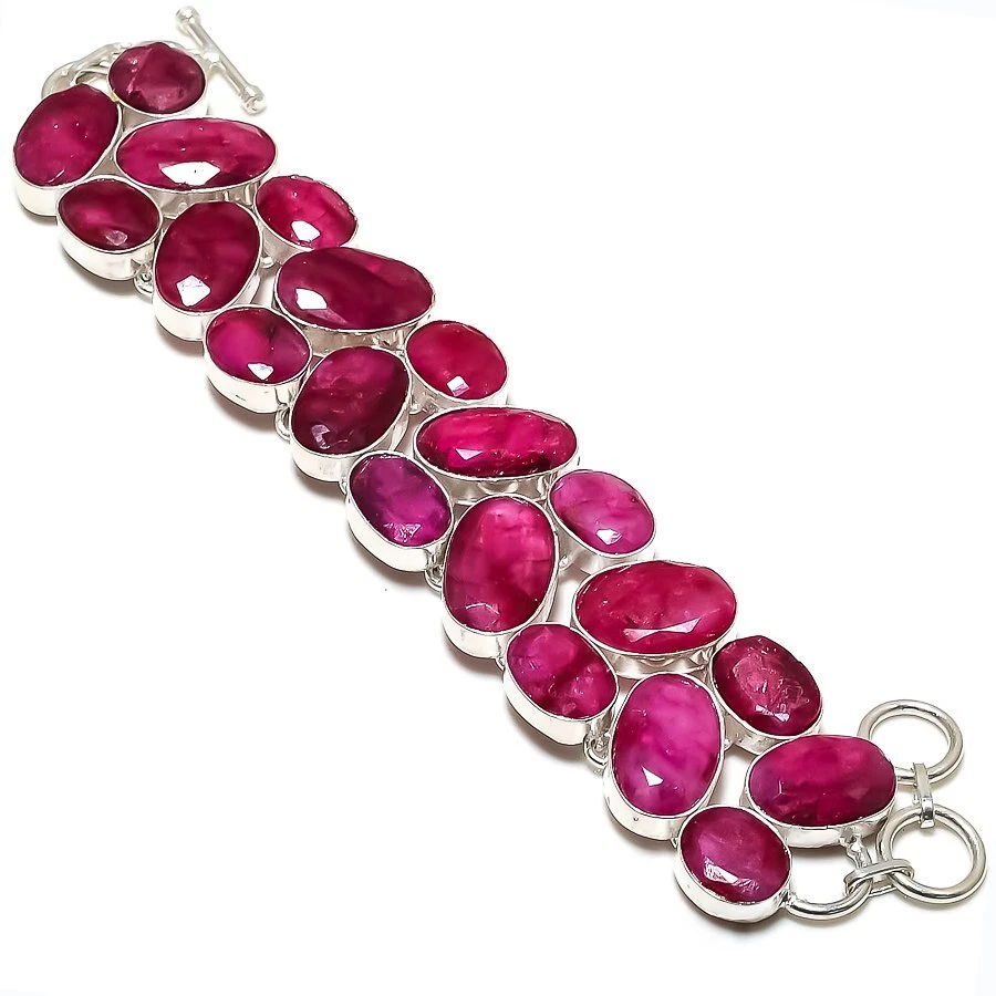 Ruby(Simulated) Gemstone Handmade 925 Sterling Silver Jewelry Bracelet 7-8" - Image 1 of 1