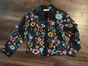 Vintage Anage Colorful Silk Black Embroidered Button Up Blazer Coat Jacket Small - Picture 1 of 6