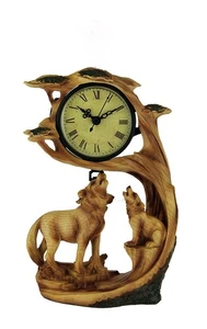 Scratch & Dent Wolf Familie Safari geschnitzte Holzoptik Uhr Figur - Bild 1 von 4