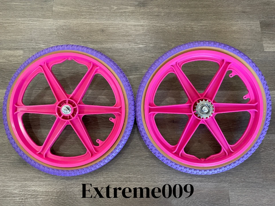 Conjunto de rodas Mag de bicicleta 20" 6 raios bicicleta BMX rosa com pneus 20x1,75 Comp ROXOS - Imagem 1 de 2