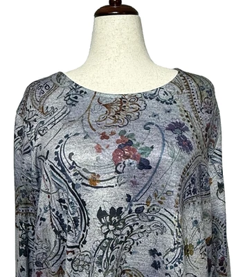 CJ банки Топ женщин 3 X серый фиолетовый пейсли галстук рукава Flowy эластичной 3/4 рукав - Изображение 1 из 4