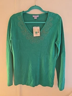 Laura Scott Women Size Med Green V Neck Rhinestone Neckline  Sweater - Image 1 of 4