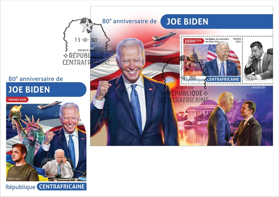 80th Anniversary of Joe Biden Zelenskyy FDC 2022 Central African Republic S/S - Image 1 of 1