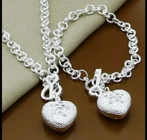 Two piece silver heart charm t-bar link necklace and bracelet with gift box 849 - Picture 1 of 5