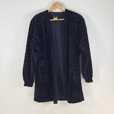 VINTAGE 80s Diane Fres Velour kimono jacket size 14 black floral 088527 - Image 1 of 4