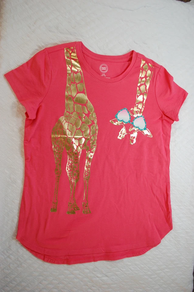 CAMISETA CORAL NARANJA NIÑAS Tejido Suave DORADO JIRAFA CORAZÓN CRISTALES Tachonados M 7-8 Foto 1 de 1