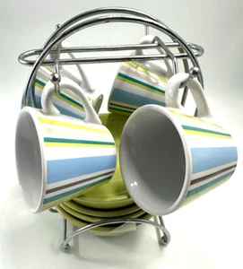 IMUSA 8 Piece CUBA Espresso Cups & Saucers Blue Green Yellow Stripes Metal Rack - Picture 1 of 8