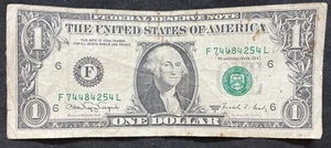 “Web” 1988A $1 US EXPERIMENTAL WEB PRESS Note; Rare F-Bank Serial F74484254L - Picture 1 of 7