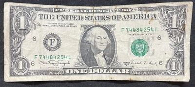 “Web” 1988A $1 US EXPERIMENTAL WEB PRESS Note; Rare F-Bank Serial F74484254L - Image 1 of 4