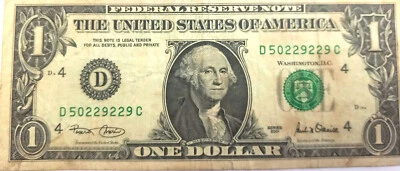 USA 2001 SERIES, PAPERMONEY, WASHINGTON 1 DOLLAR, L@@K, VG, USED, D 50229229C - Image 1 of 2