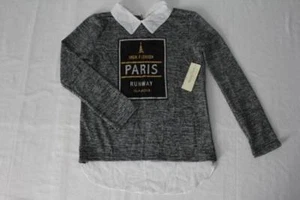 NEW Girls Fashion Blouse XL 12 - 14 Gray Collar Split Back Top Shirt Paris - Picture 1 of 2