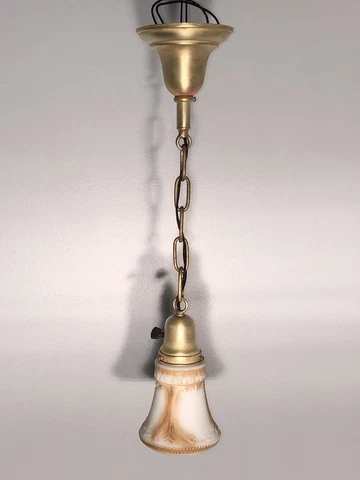 23.5” Long Antique Yellow Brass Pendant Light Fixture Newly Wired 47D Cover