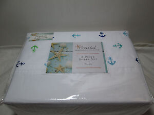 Coastal  Embroidered Collection ANCHOR  6 pcs Full Sheet Set ~ Green, Blue, Teal