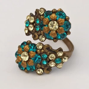 Michal Negrin Ring Split Shank Deep Turquoise Blue Crystals Flowers Deco 8.5 - Picture 1 of 15