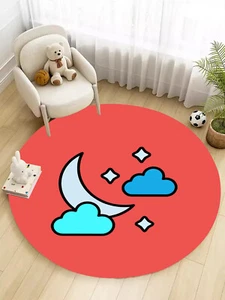 Cute Round Kids Rug Blue Moon Cloud Pattern Funny Circle Area Rugs for Bedroom - Picture 1 of 7