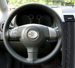 FOR SUZUKI SX4 06-11REAL BLACK ITALIAN LEATHER STEERING WHEEL COVER TOP QUALITY - Picture 1 of 2