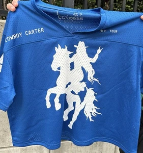 OFFICIAL BEYONCE COWBOY CARTER TOUR BLUE CROPPED CROP JERSEY SHIRT 2025 L - Picture 1 of 5
