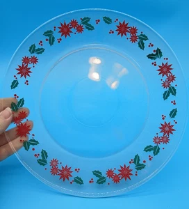 Piatto natalizio Poinsettia rossa e agrifoglio verde vetro trasparente smerigliato testurizzato 10" - Foto 1 di 4
