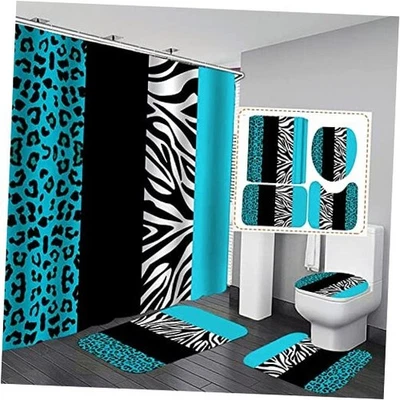  Набор занавесок для душа с леопардовым принтом с ковриком, крышкой унитаза и бирюзовым оттенком 4 шт. - Изображение 1 из 4