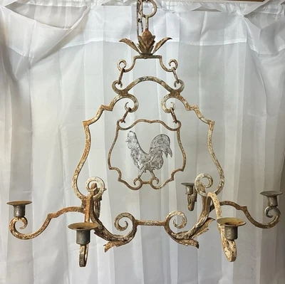 Vintage French Country Style Gilt Wrought Iron Rooster Candle Chandelier - Image 1 of 4
