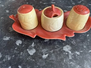 Vintage Carlton Ware Dark Red /Brown Leaf Shape 4 Piece Condiment Cruet Set - Picture 1 of 5