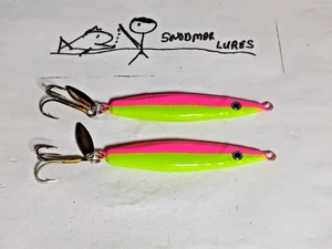 2 - 1 oz FLUTTER SPOONS LURES LEAD SLAB FISHING JIGGING CASTING PINK CHARTREUSE - Picture 1 of 6
