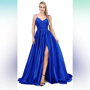 Royal Blue Women's Lace Prom Dresses Long Satin Slit with Pockets - Picture 1 of 5