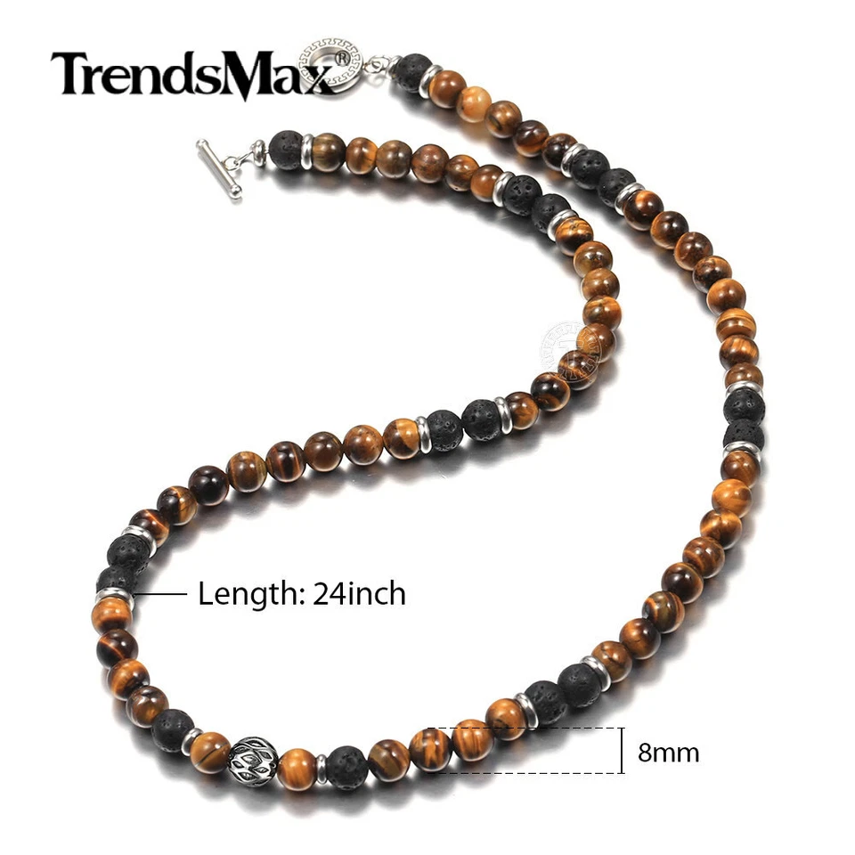 Gargantilla 8mm 24" Natural Ojo de Tigre Piedra Lava Cuentas Collar Acero Inoxidable Dije Foto 1 de 1