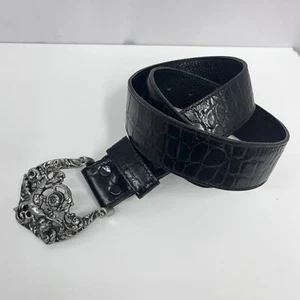Ann Turk Leather Belt Black Silver Metal Cupid Size 26 7/8" to 32 3/8" - Picture 1 of 6
