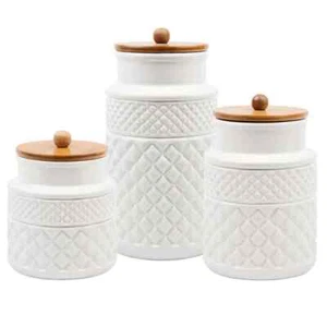 Set of 3 Faceted Ceramic Canisters with Sealed Lids - Picture 1 of 2