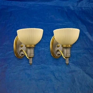 Great Pair Slip Shade Antique Brass Wall Sconces 69D - Picture 1 of 6
